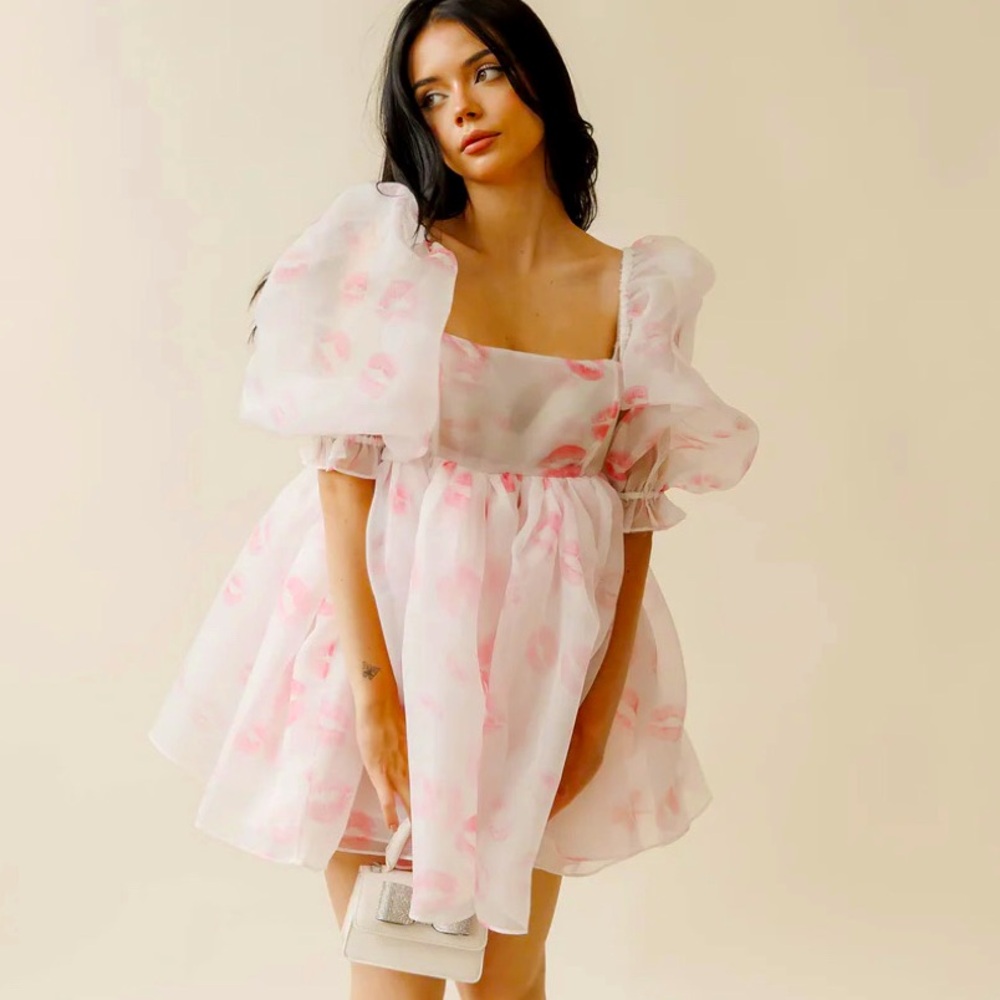 🚫SOLD🚫 NWT Selkie’The Kiss on the lips’ silk gauze puff mini dress sz L - Picture 2 of 16